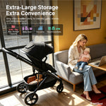 A black extra-large storage stroller is shown in a modern living room next to a woman sitting on a gray sofa holding a baby. The scene includes promotional text highlighting the stroller's large storage capacity and features.