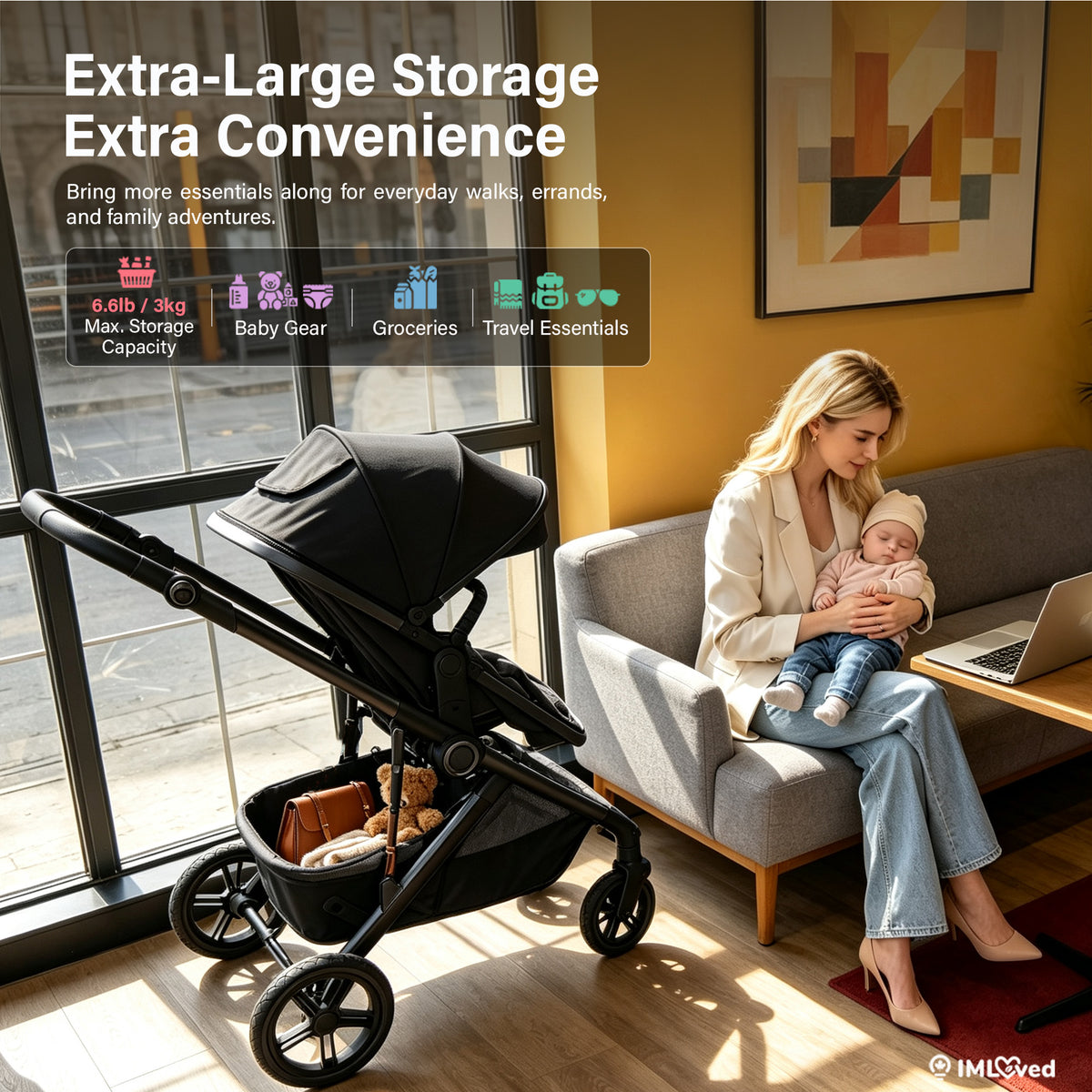 A black extra-large storage stroller is shown in a modern living room next to a woman sitting on a gray sofa holding a baby. The scene includes promotional text highlighting the stroller's large storage capacity and features.