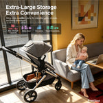 A large gray and black stroller with a storage basket is shown in a modern living room next to a woman sitting on a sofa holding a baby. Promotional text highlights extra-large storage and convenience, with feature icons for capacity, baby gear, groceries, and travel essentials.