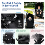 A promotional infographic for the IMLoved baby stroller, featuring a collage of product details, close-ups of the harness and foot cover, and lifestyle photos of a baby sitting in the stroller on snowy outdoor paths. Text highlights key features like the removable foot cover, 5-point safety harness, dual peek-a-boo windows, swing-away bumper bar, and adjustable sun canopy.