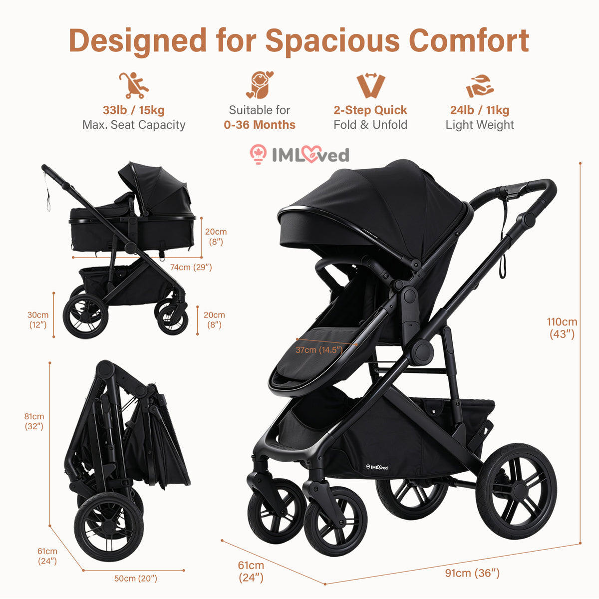 IMLoved BabyGo 4-in-1 Convertible Stroller – All-Terrain Baby Travel Stroller