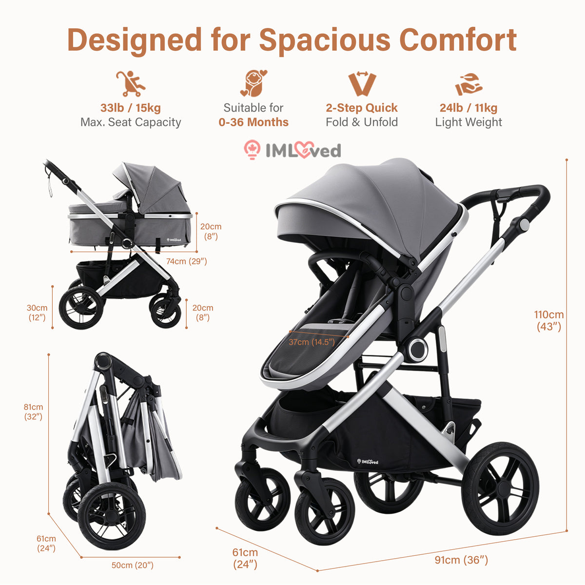 IMLoved BabyGo 4-in-1 Convertible Stroller – All-Terrain Baby Travel Stroller