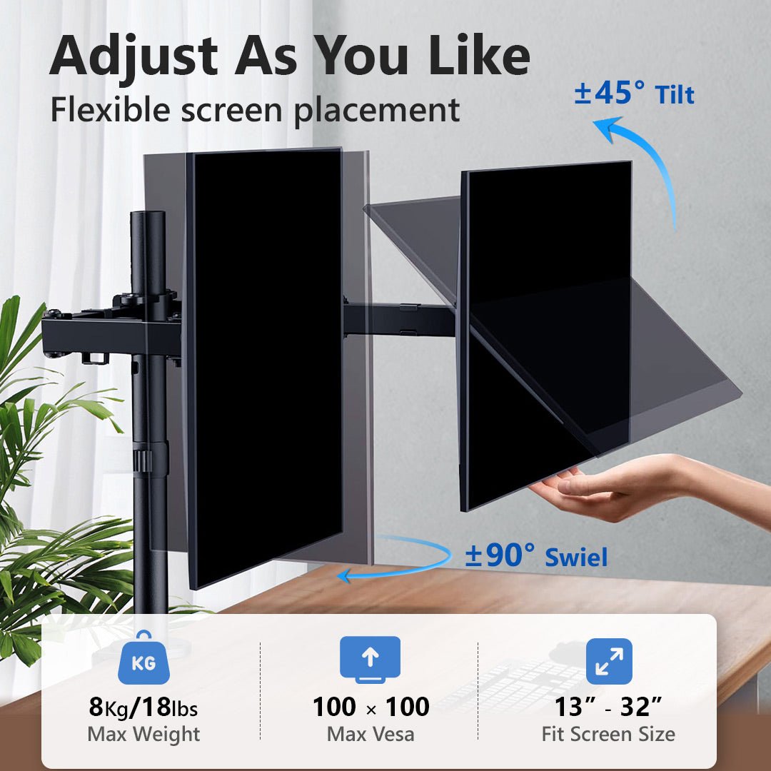 Support de bureau double écran IMGadgets | Compatible avec 2 écrans LCD/LED de 13 à 32 pouces, inclinaison de 5° vers le haut et vers le bas | Rotation à 360° | Supporte jusqu'à 8 kg par bras 