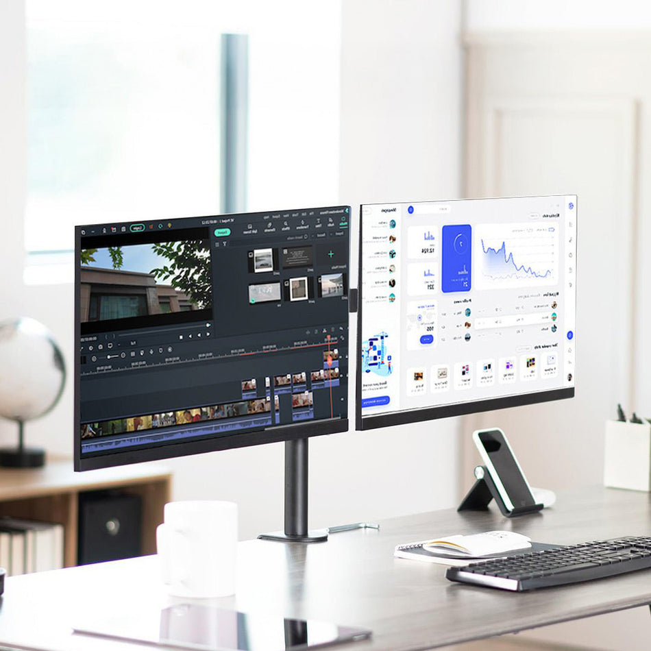 Support de bureau double écran IMGadgets | Compatible avec 2 écrans LCD/LED de 13 à 32 pouces, inclinaison de 5° vers le haut et vers le bas | Rotation à 360° | Supporte jusqu'à 8 kg par bras 
