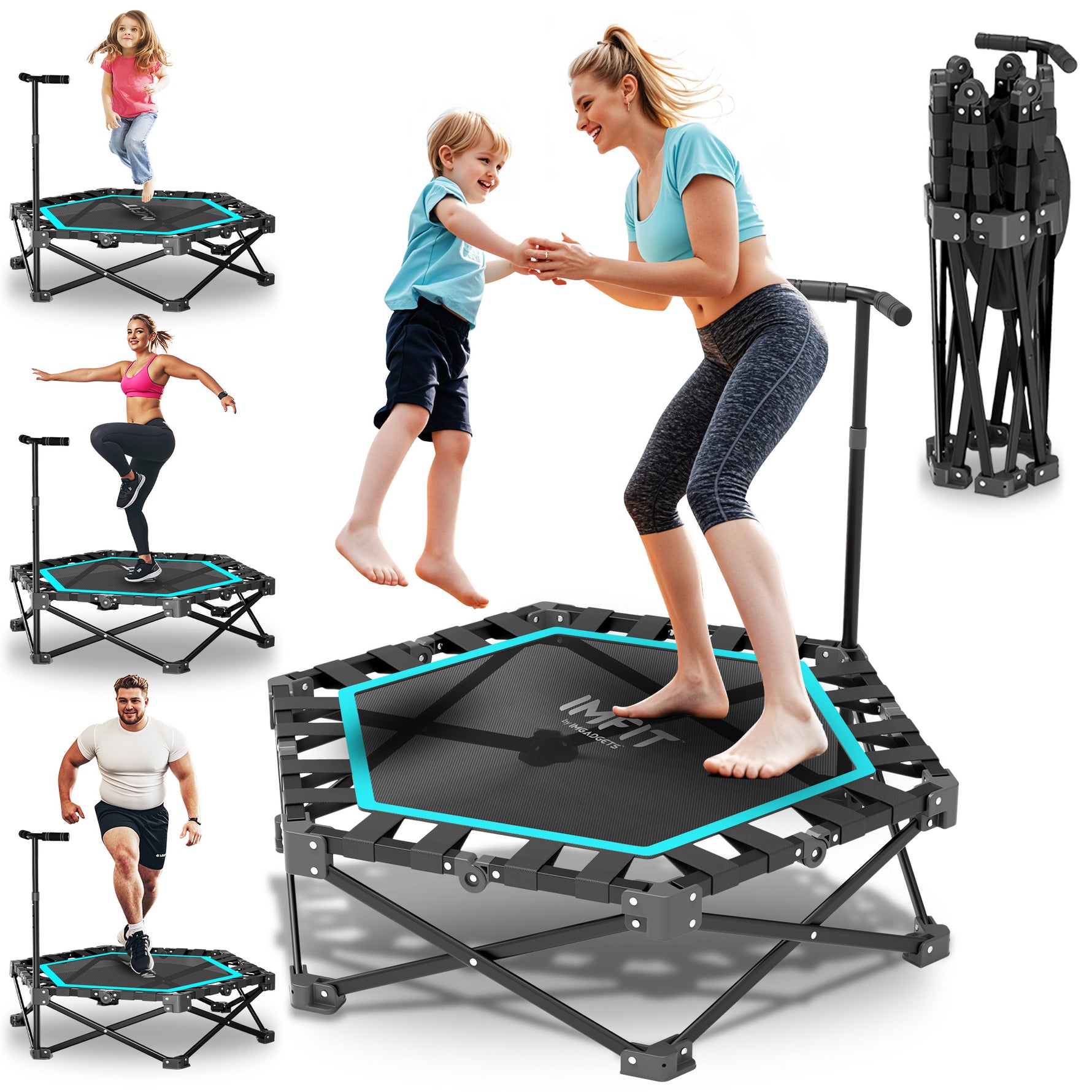 Trampoline de fitness pliable IMFIT 107 cm (42 po) | Capacité de charge : 150 kg (331 lb) | Rebond ultra-silencieux | Guidon réglable sur 3 niveaux | Conception pliable compacte | Exercice cardio complet à faible impact | Montage facile 