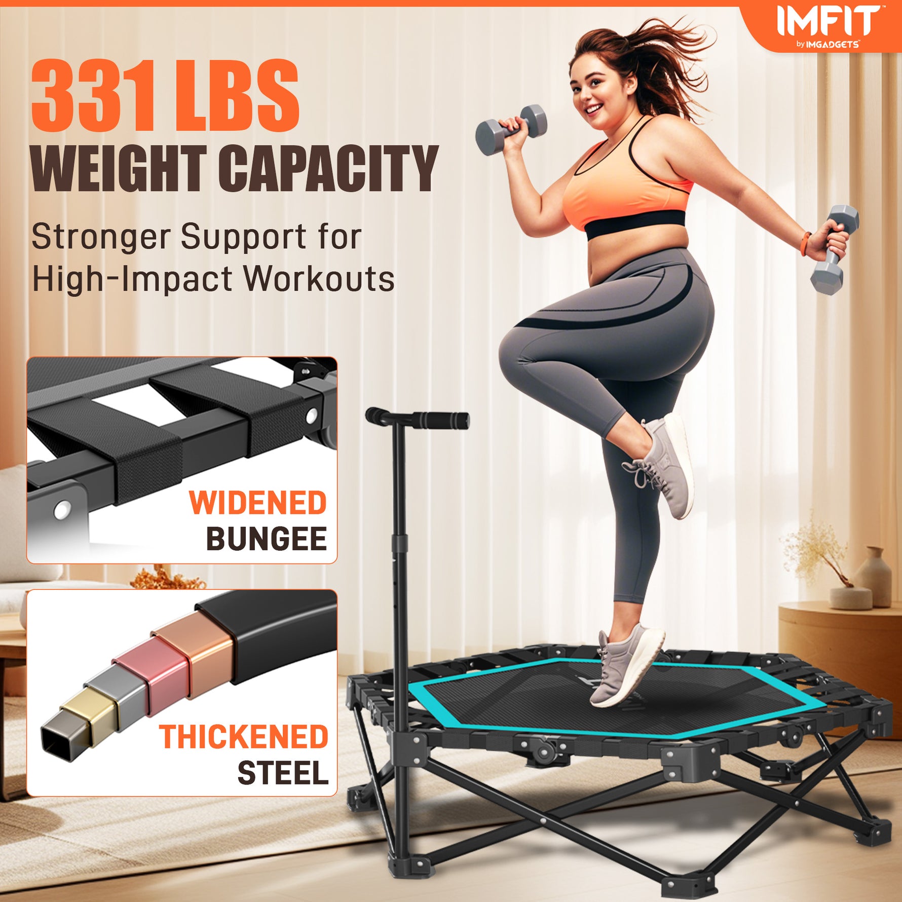 Trampoline de fitness pliable IMFIT 107 cm (42 po) | Capacité de charge : 150 kg (331 lb) | Rebond ultra-silencieux | Guidon réglable sur 3 niveaux | Conception pliable compacte | Exercice cardio complet à faible impact | Montage facile 