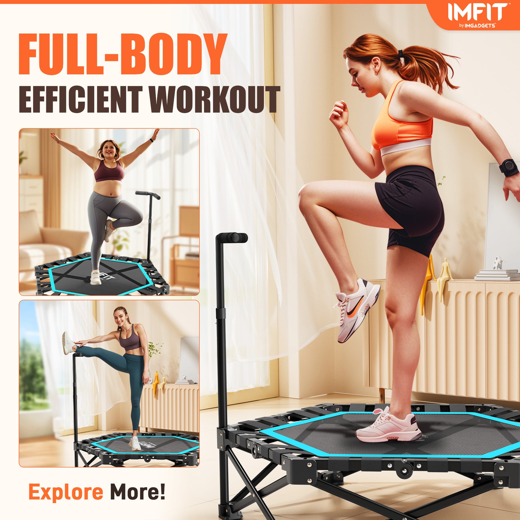 Trampoline de fitness pliable IMFIT 107 cm (42 po) | Capacité de charge : 150 kg (331 lb) | Rebond ultra-silencieux | Guidon réglable sur 3 niveaux | Conception pliable compacte | Exercice cardio complet à faible impact | Montage facile 