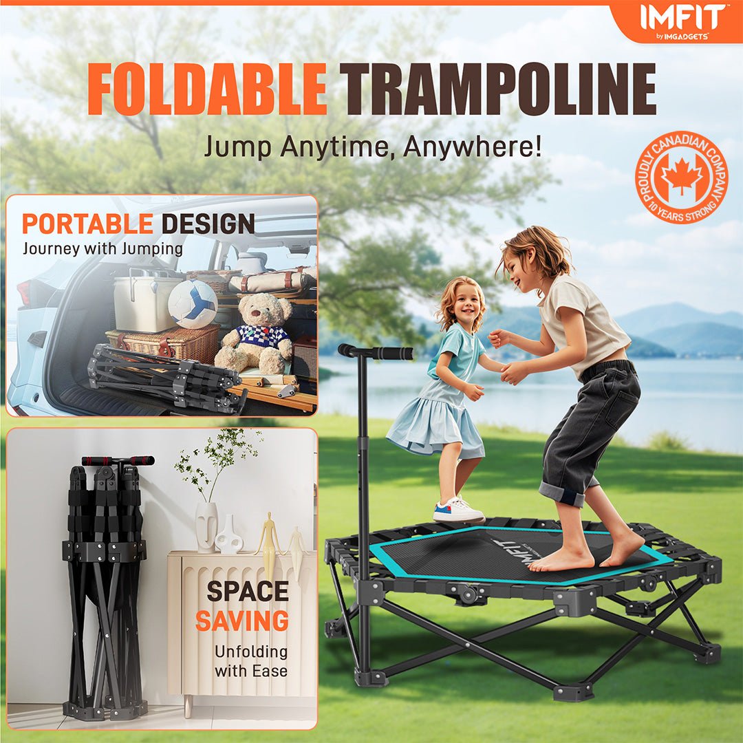 Trampoline de fitness pliable IMFIT 107 cm (42 po) | Capacité de charge : 150 kg (331 lb) | Rebond ultra-silencieux | Guidon réglable sur 3 niveaux | Conception pliable compacte | Exercice cardio complet à faible impact | Montage facile 