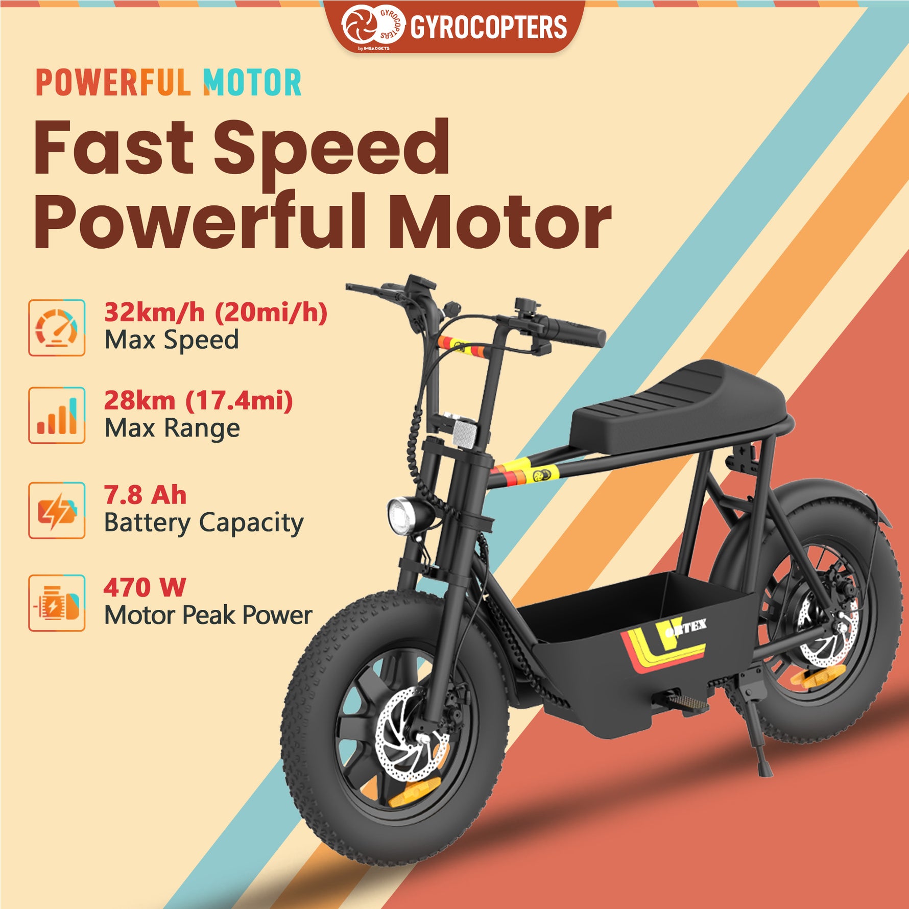 Gyrocopters Vortex Electric Bike - UL 2272 Safe with Storage