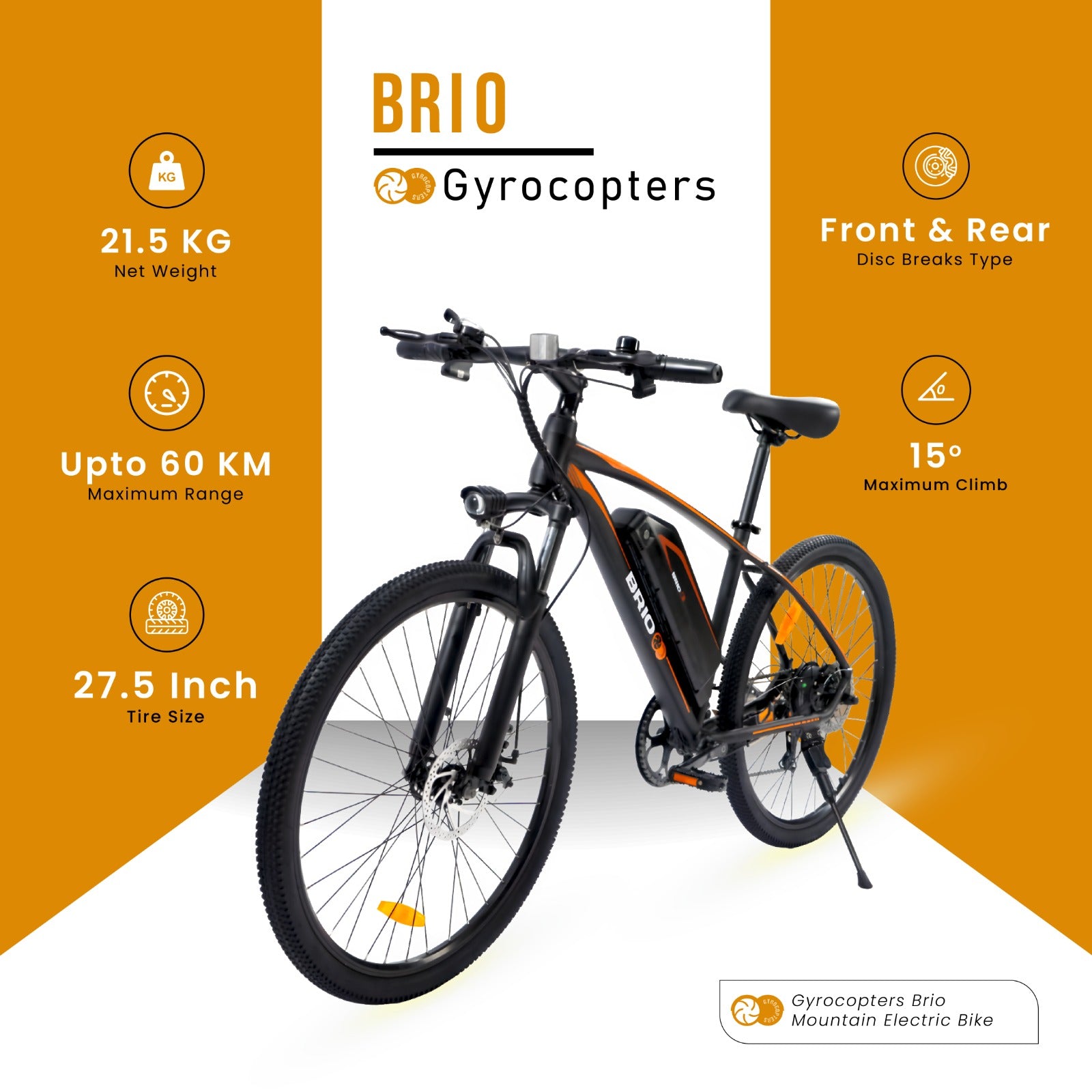 Re-Certified Gyrocopters Brio Mountain Electric Bike| Speed up to 32km | Range up to 60 km| Dual Disk Brakes & Suspension |Shimano Speed Gears Mountain E-bike