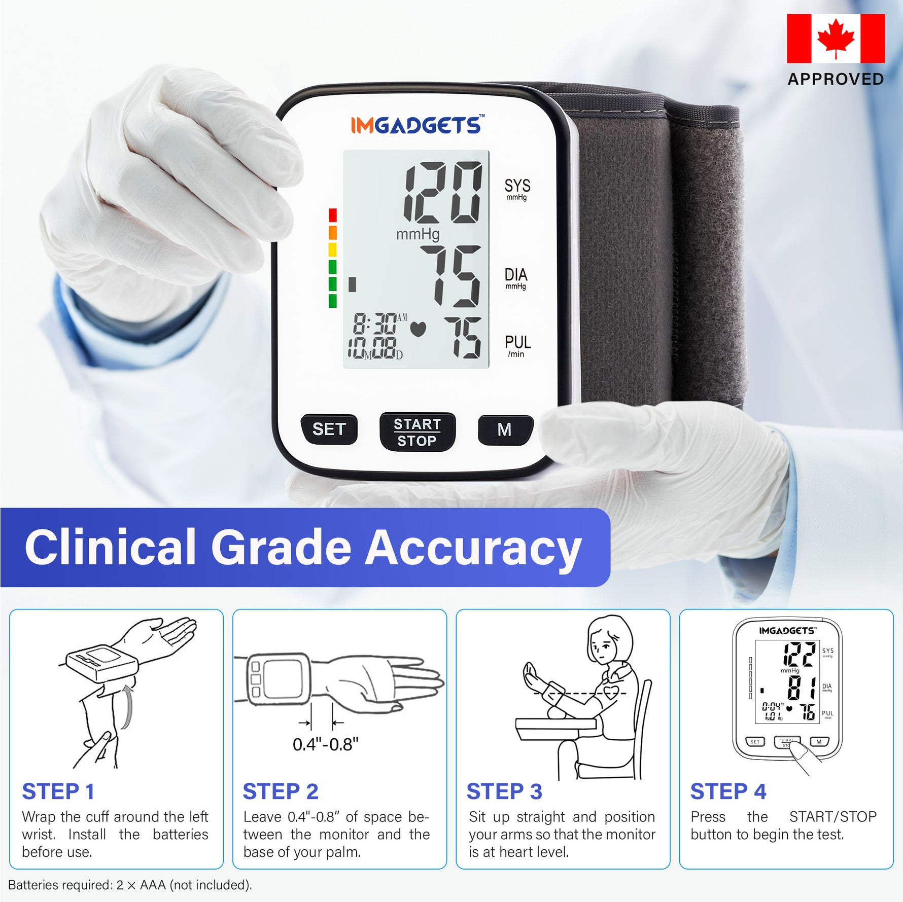 IMGadgets Blood Pressure Monitor (Wrist) - Large HD Backlit Display for Home / Travel