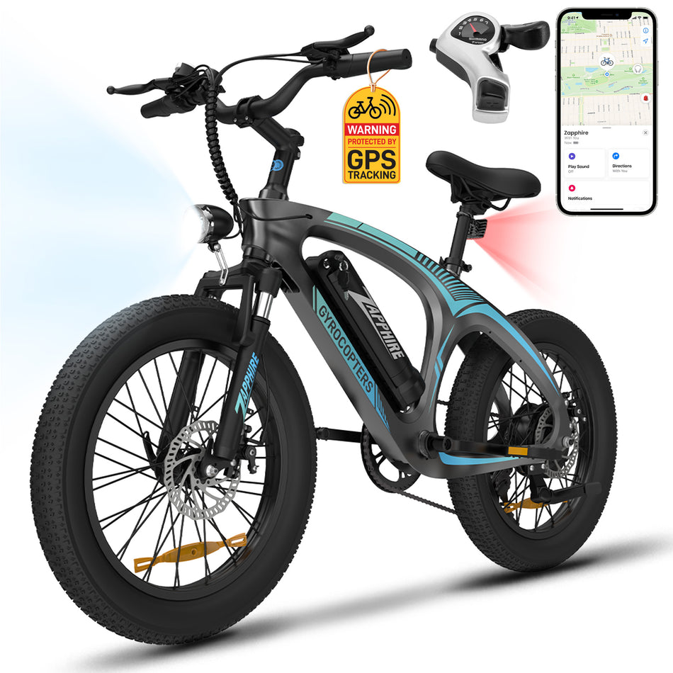 (Pre-order) Gyrocopters Zapphire Mountain E-Bike | UL 2849 | 48V 10Ah Lithium-Ion Battery | Up to 91 km Range | 3 Riding Modes | SHIMANO 7-Speed Gear | GPS Tracker | Lightweight Carbon Fiber Frame | 20×3" Fat Tires | Front & Rear Disc Brakes | LED Display