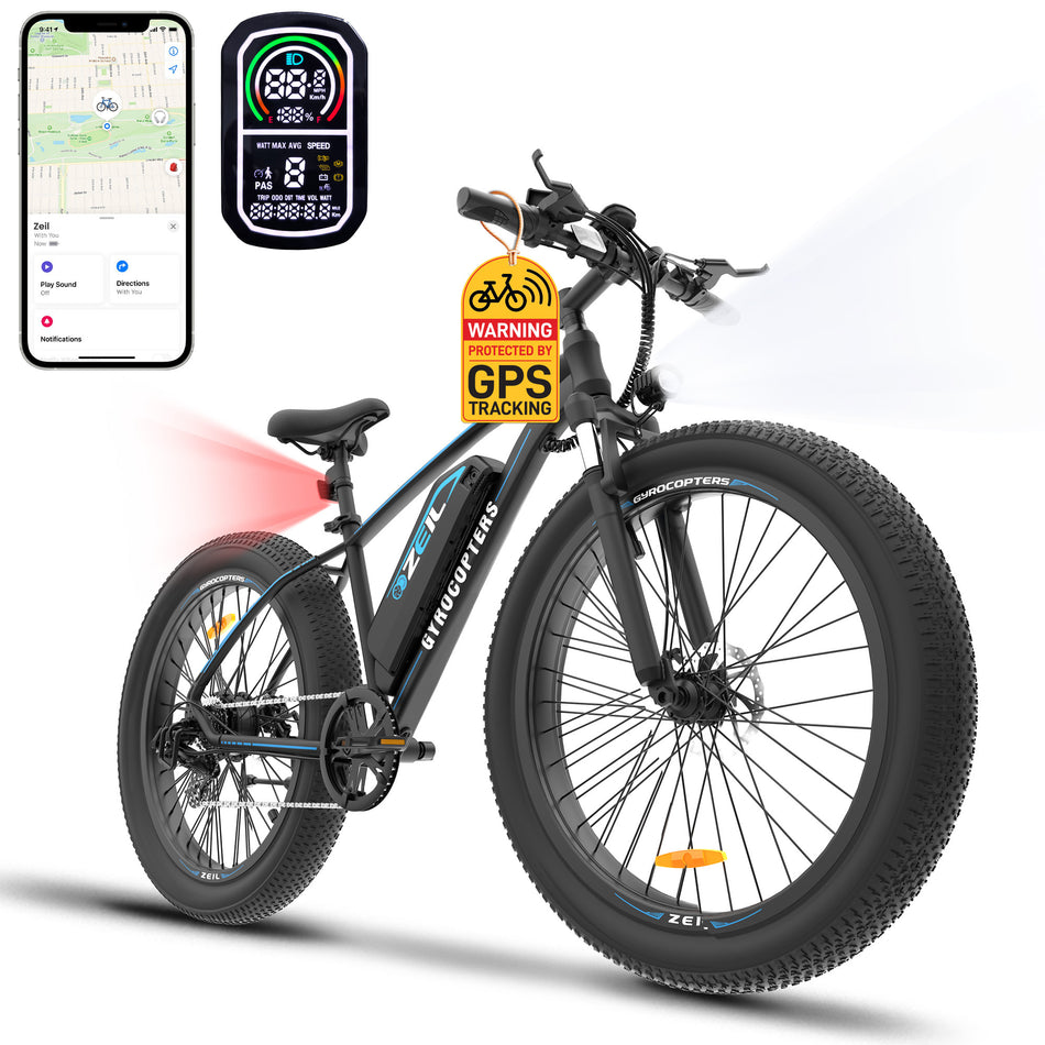 Gyrocopters Zeil Mountain E- Bike for adults with 500 W Motor  | 27.5* 3” tires | Speed up to 40 km/h | PAS Range up to 91 km | 480 WH Removable Battery | Dual Disk Brakes & Front fork Suspension | Shimano 7 | UL-2849 approved | Anti-theft GPS Tracker
