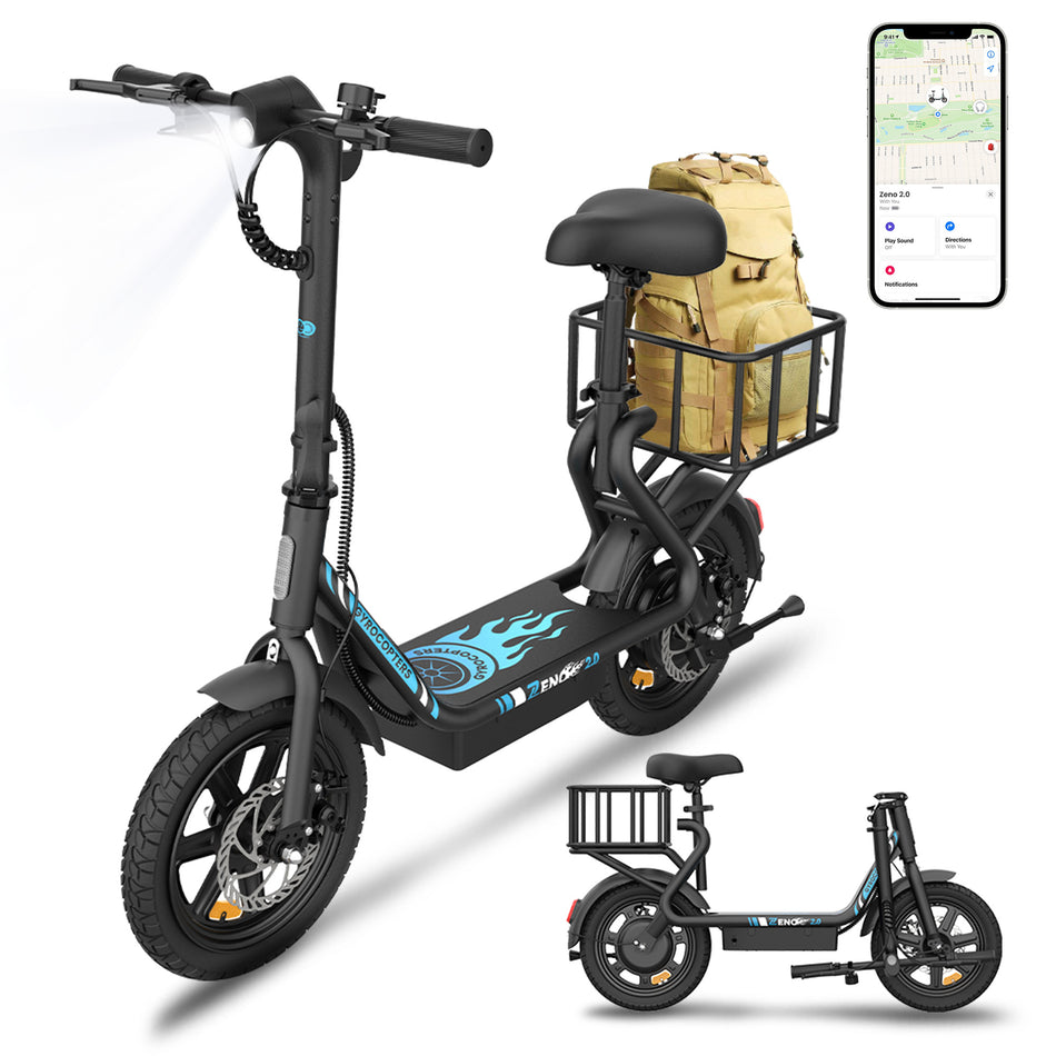Gyrocopters Zeno 2.0 Electric Scooter | UL2272 Approved | 500W Motor (Peak Power) | 32 km/h Max Speed | Up to 40 km Range | Shock-Absorbing Adjustable Seat | Anti-Theft GPS | All-Terrain 14” Tires | Quick Folding Design | Removable Large Basket