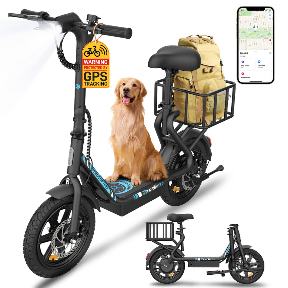 Gyrocopters Zeno 2.0 Electric Scooter | UL2272 Approved | 500W Motor (Peak Power) | 32 km/h Max Speed | Up to 40 km Range | Shock-Absorbing Adjustable Seat | Anti-Theft GPS | All-Terrain 14” Tires | Quick Folding Design | Removable Large Basket
