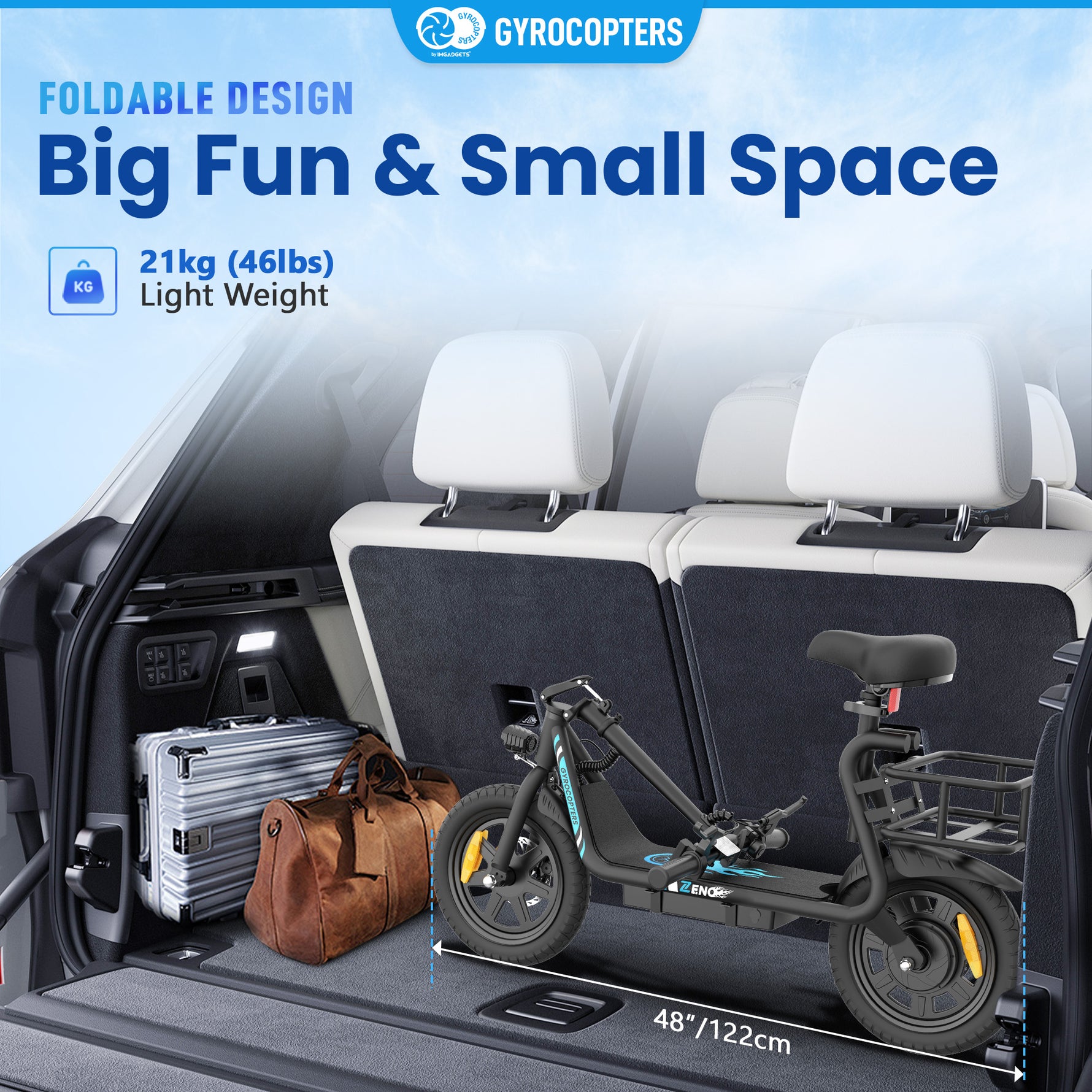 Trottinette électrique Gyrocopters Zeno | Moteur de 500 W (puissance maximale) | Vitesse de 25 km/h | Certification de sécurité UL2272 | Autonomie de 25 km | Siège à suspension | GPS | Régulateur de vitesse | Pliage rapide | Grand panier 
