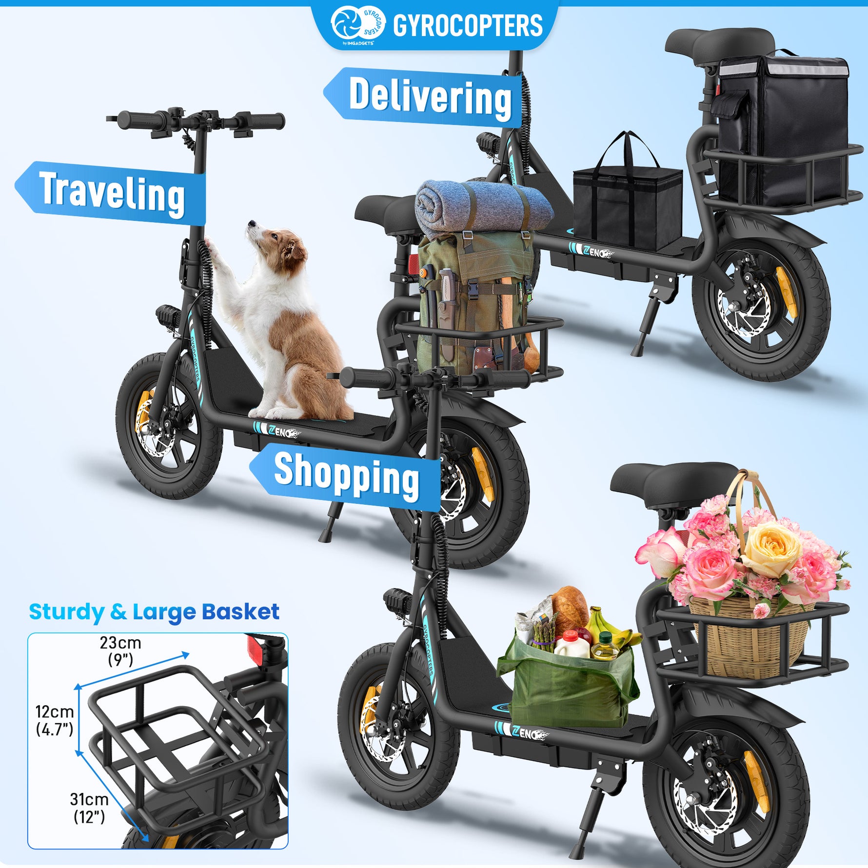 Trottinette électrique Gyrocopters Zeno | Moteur de 500 W (puissance maximale) | Vitesse de 25 km/h | Certification de sécurité UL2272 | Autonomie de 25 km | Siège à suspension | GPS | Régulateur de vitesse | Pliage rapide | Grand panier 