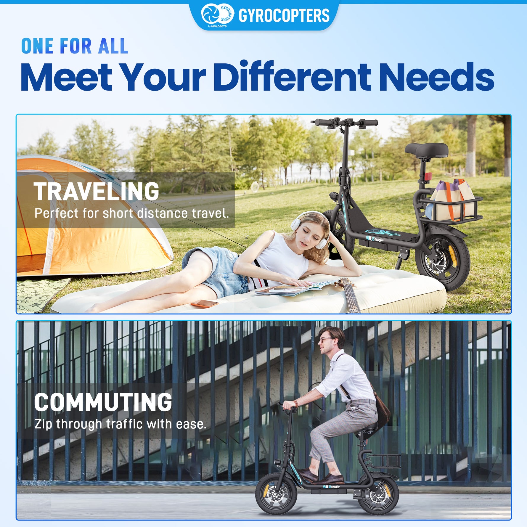 Trottinette électrique Gyrocopters Zeno | Moteur de 500 W (puissance maximale) | Vitesse de 25 km/h | Certification de sécurité UL2272 | Autonomie de 25 km | Siège à suspension | GPS | Régulateur de vitesse | Pliage rapide | Grand panier 