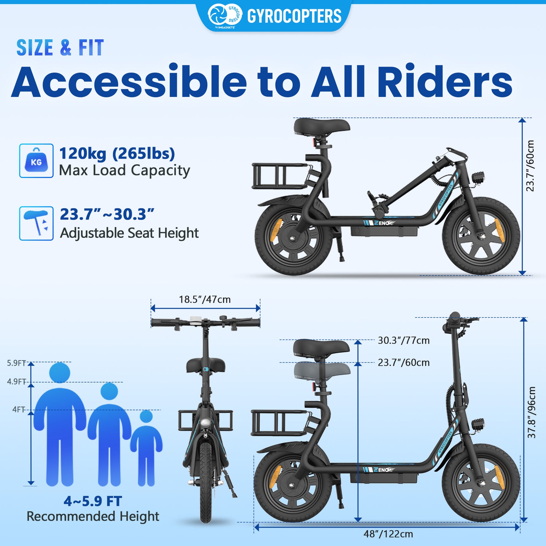 Trottinette électrique Gyrocopters Zeno | Moteur de 500 W (puissance maximale) | Vitesse de 25 km/h | Certification de sécurité UL2272 | Autonomie de 25 km | Siège à suspension | GPS | Régulateur de vitesse | Pliage rapide | Grand panier 