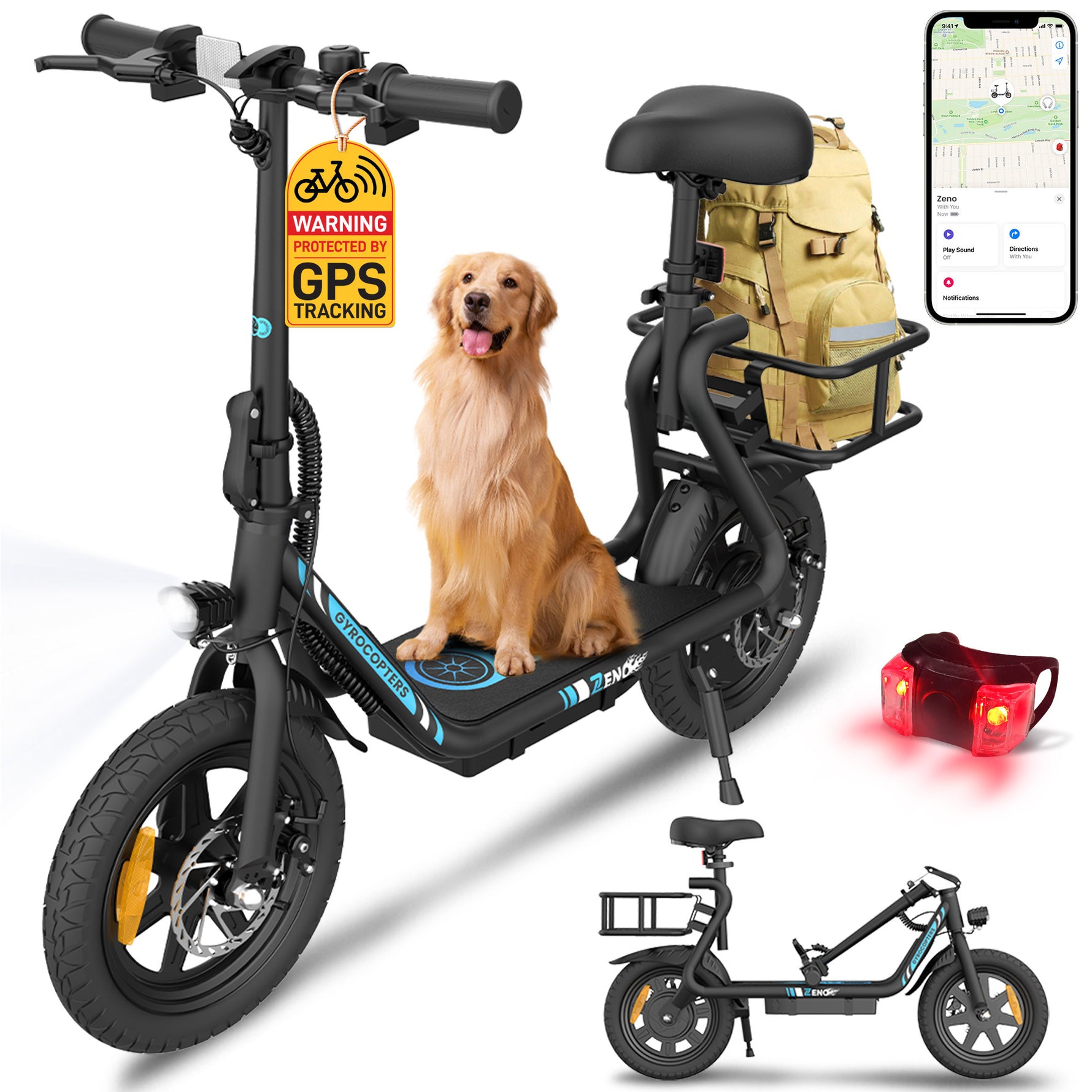 Trottinette électrique Gyrocopters Zeno | Moteur de 500 W (puissance maximale) | Vitesse de 25 km/h | Certification de sécurité UL2272 | Autonomie de 25 km | Siège à suspension | GPS | Régulateur de vitesse | Pliage rapide | Grand panier 