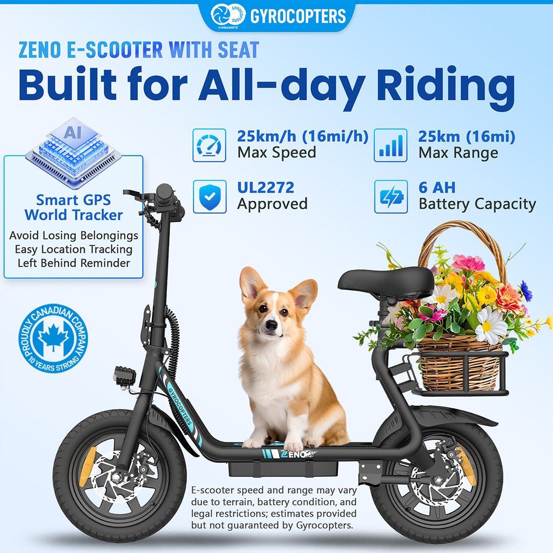 Trottinette électrique Gyrocopters Zeno | Moteur de 500 W (puissance maximale) | Vitesse de 25 km/h | Certification de sécurité UL2272 | Autonomie de 25 km | Siège à suspension | GPS | Régulateur de vitesse | Pliage rapide | Grand panier 