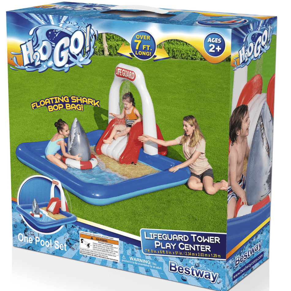 Lifeguard Tower Pool for Kids| Inflatable pool with Detachable Water Slide and Sprinkler | Landing Cushion and Floating Shark Bop bag| 7.6ft  X 6.6ft X 4.2 ft
