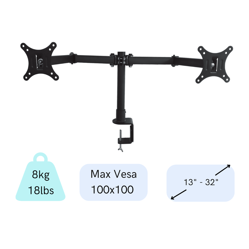 IMGadgets Dual Monitor Desk Mount | Fits 2 LCD LED Screens 13” to 32” inches, 5 °up and down tilt | 360°degree swivel | Holds up to 8kg per arm