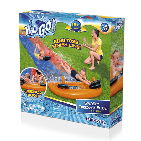 H2OGO! Splashy Speedway 16ft Double Water Slide For All Ages, water slide, inflatable water slides, all ages water slide, speedway water slide, H2O2O! water slide, outdoor water slide, water slide for kids, portable water slide