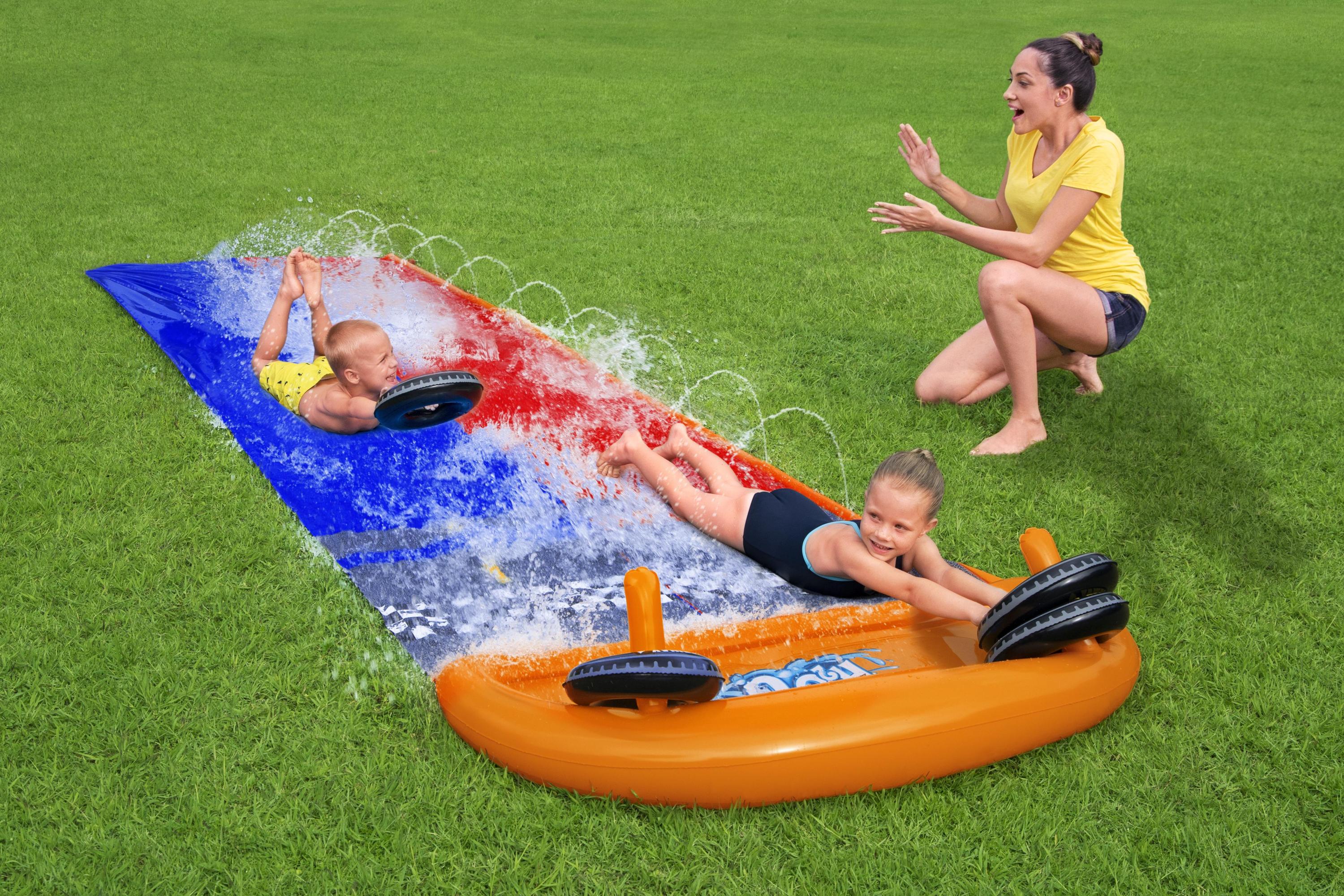 H2OGO! Splashy Speedway 16ft Double Water Slide For All Ages, water slide, inflatable water slides, all ages water slide, speedway water slide, H2O2O! water slide, outdoor water slide, water slide for kids, portable water slide