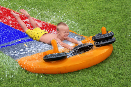 H2OGO! Splashy Speedway 16ft Double Water Slide For All Ages, water slide, inflatable water slides, all ages water slide, speedway water slide, H2O2O! water slide, outdoor water slide, water slide for kids, portable water slide