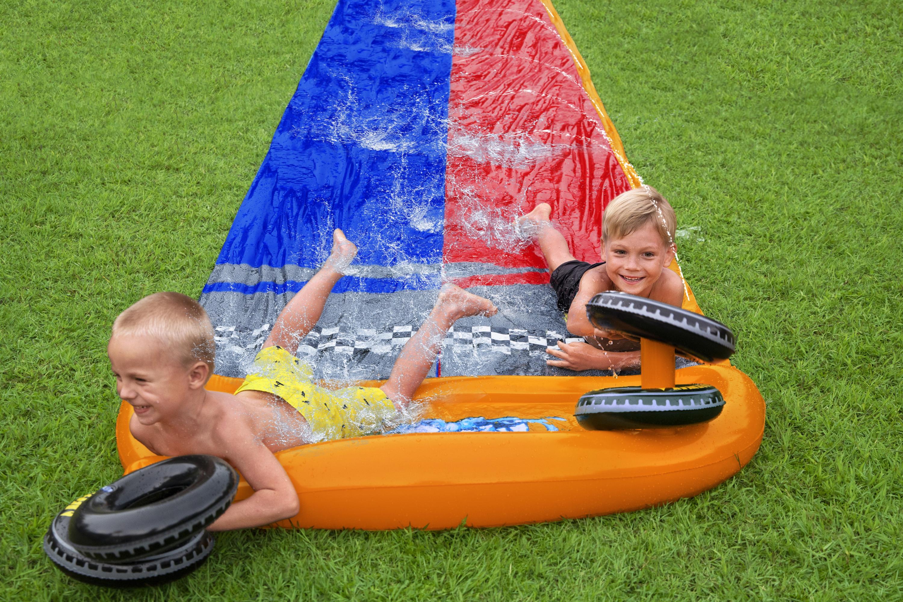H2OGO! Splashy Speedway 16ft Double Water Slide For All Ages, water slide, inflatable water slides, all ages water slide, speedway water slide, H2O2O! water slide, outdoor water slide, water slide for kids, portable water slide