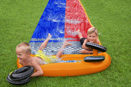 H2OGO! Splashy Speedway 16ft Double Water Slide For All Ages, water slide, inflatable water slides, all ages water slide, speedway water slide, H2O2O! water slide, outdoor water slide, water slide for kids, portable water slide