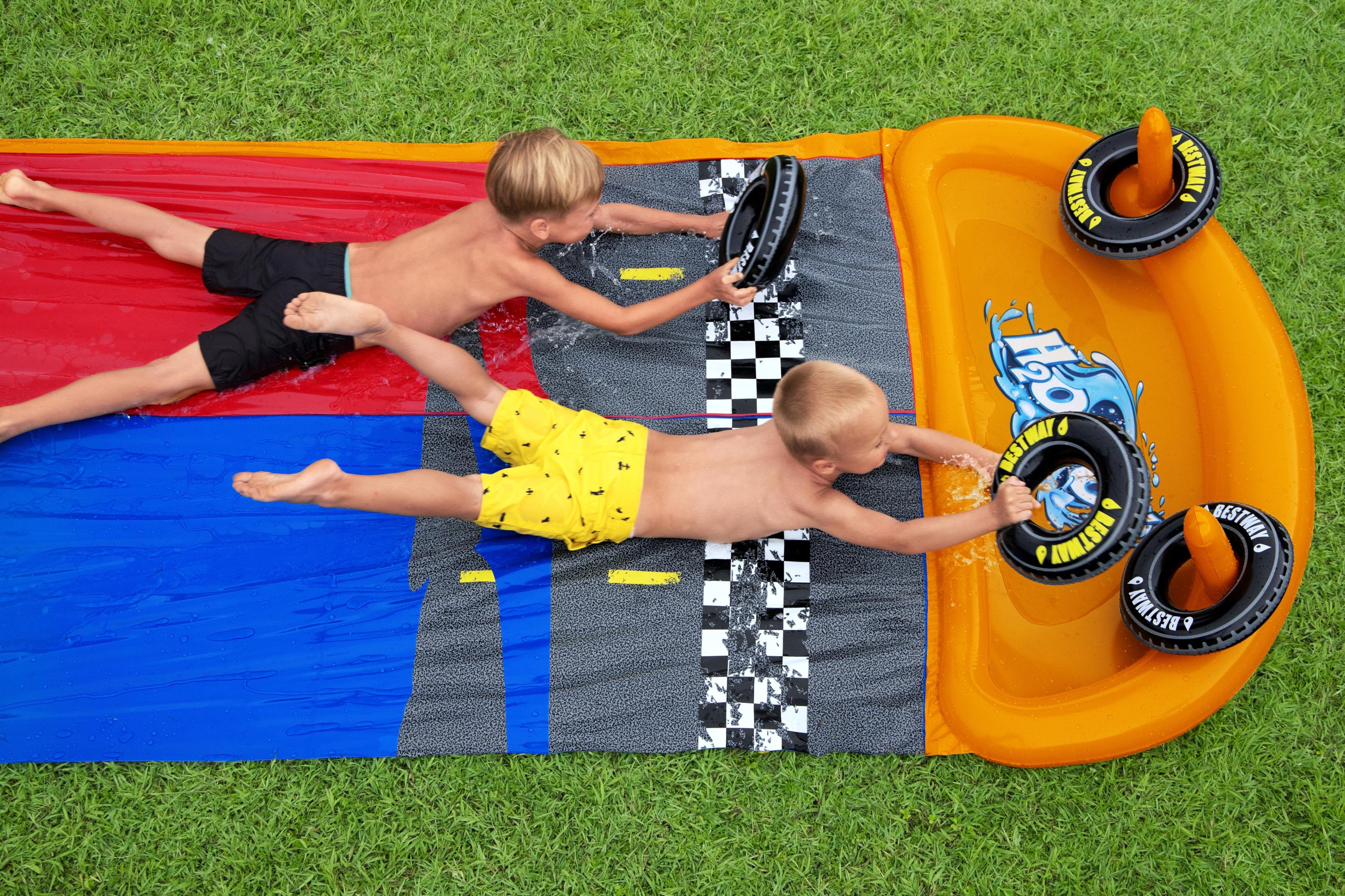 H2OGO! Splashy Speedway 16ft Double Water Slide For All Ages, water slide, inflatable water slides, all ages water slide, speedway water slide, H2O2O! water slide, outdoor water slide, water slide for kids, portable water slide