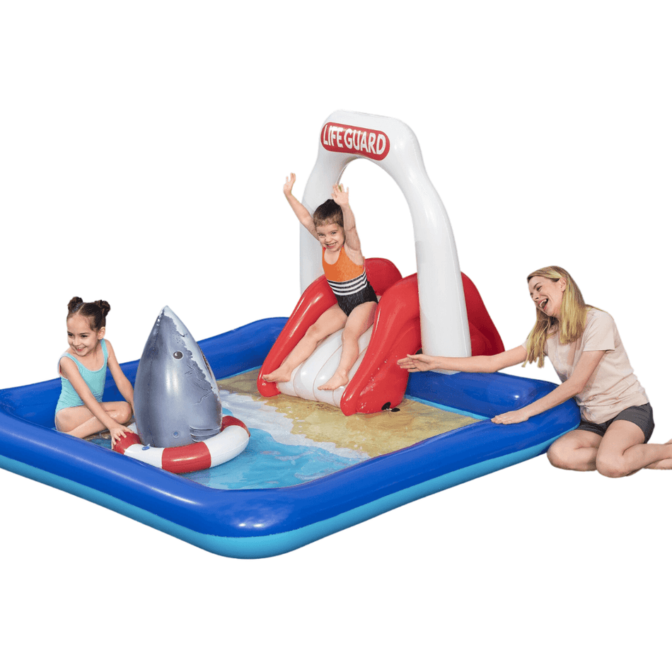 Lifeguard Tower Pool for Kids| Inflatable pool with Detachable Water Slide and Sprinkler | Landing Cushion and Floating Shark Bop bag| 7.6ft  X 6.6ft X 4.2 ft