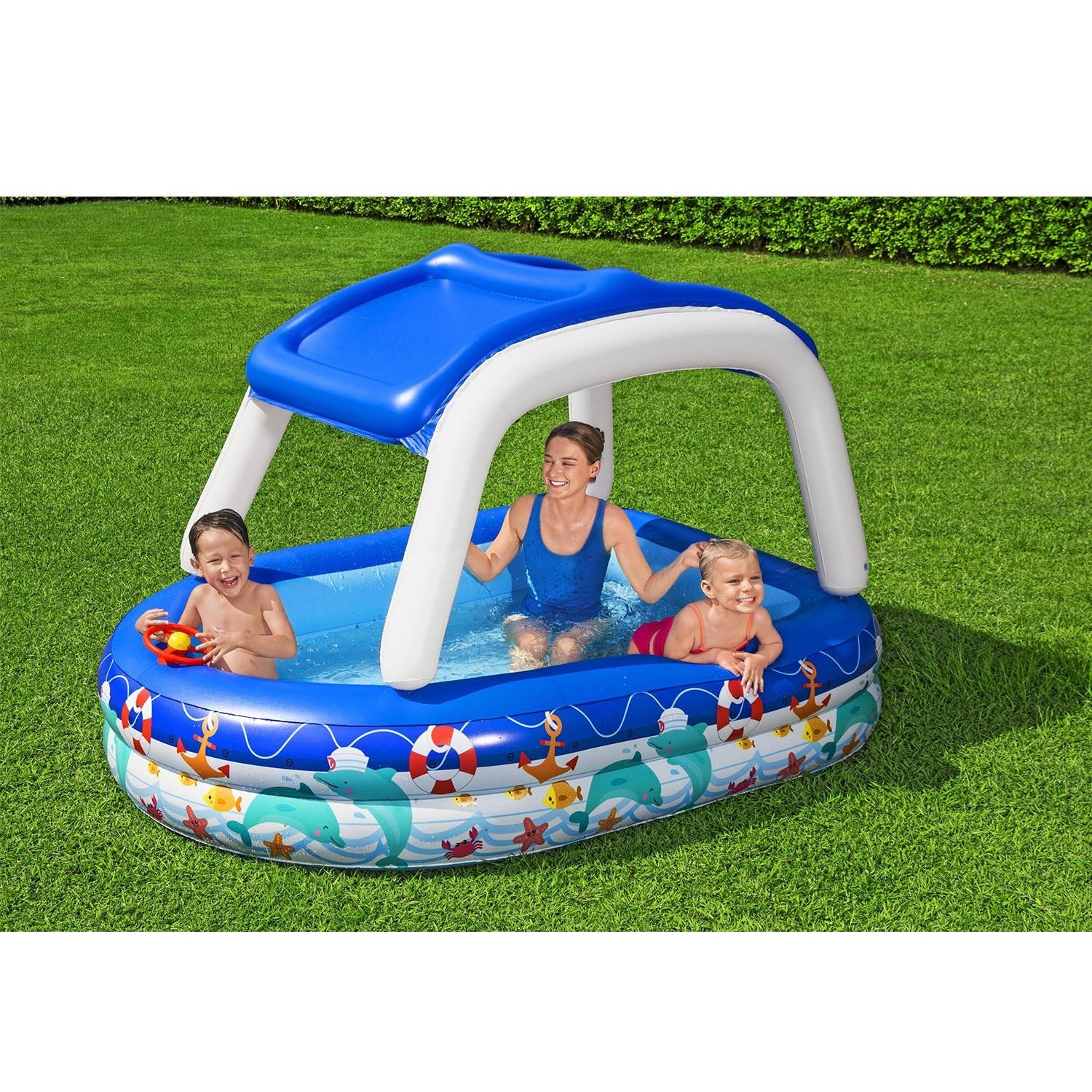 Bestway H2OGO! Sea Captain Family Pool with UV Sunshade, Bestway H2OGO! pool, inflatable kiddie pool, small backyard pool for kids, sea captain inflatable swimming pool, inflatable above ground swimming pool