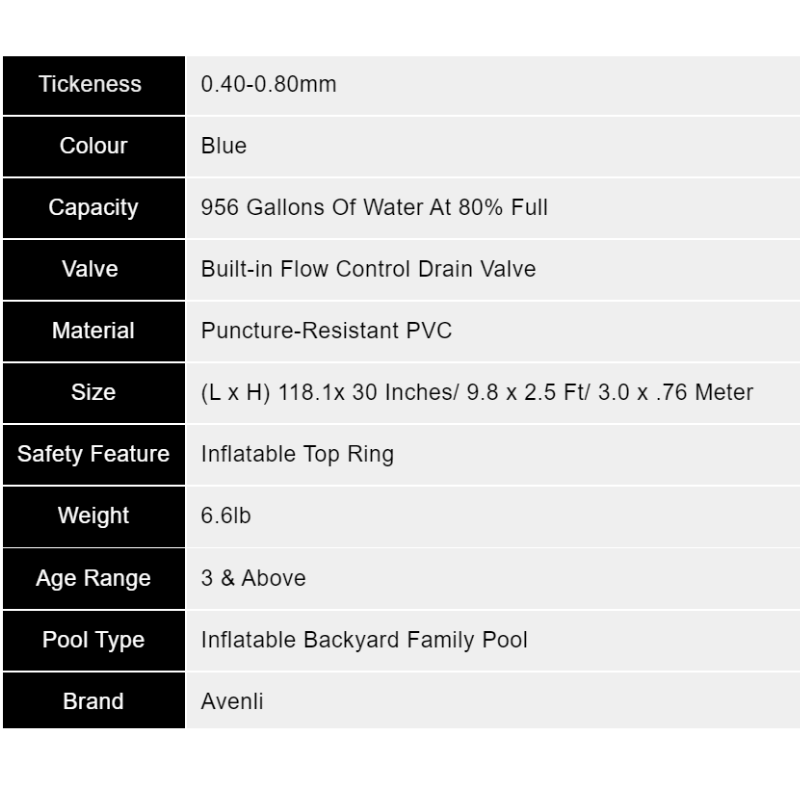Piscine gonflable familiale AVENLI 9,8 pi x 2,5 pi