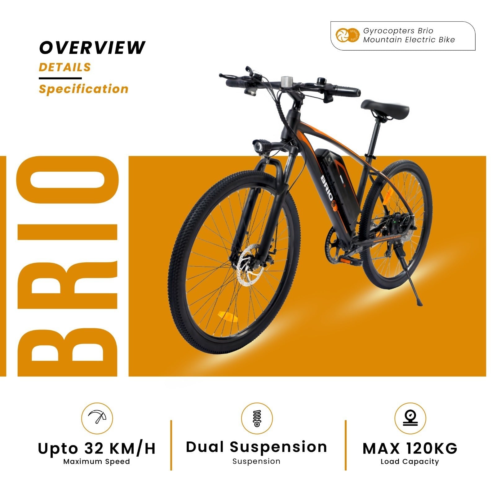 Re-Certified Gyrocopters Brio Mountain Electric Bike| Speed up to 32km | Range up to 60 km| Dual Disk Brakes & Suspension |Shimano Speed Gears Mountain E-bike