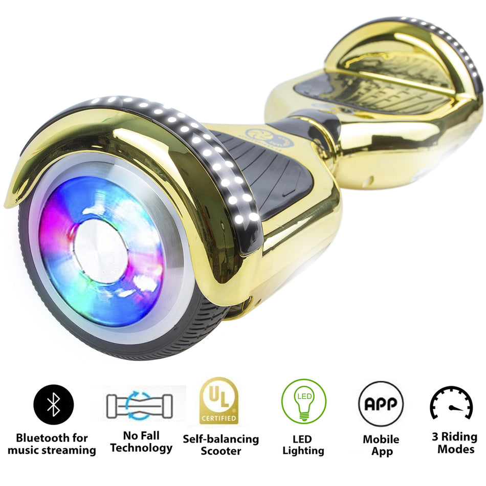 Gyrocopters PRO 4.0 Hoverboard - UL 2272 Certified with Bluetooth, LED wheels, APP,  No Fall Technology, Top and Front lights (Chrome Gold)